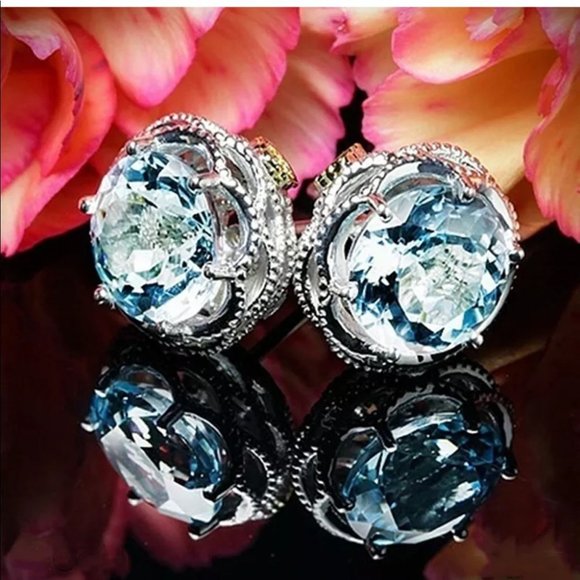 Silver Stud Earrings for Women Aquamarine Pair/set - Picture 2 of 3